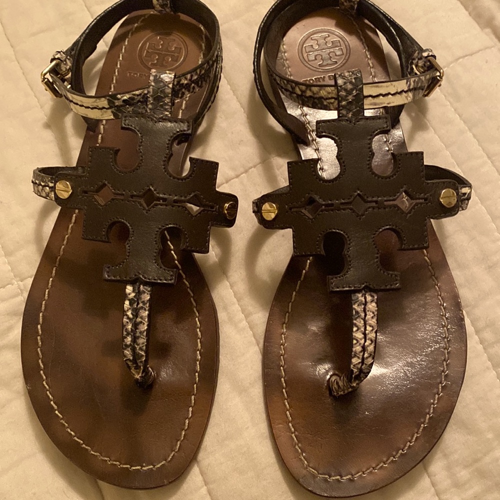Brown with animal print accent Tory Burch flat Sandals.
